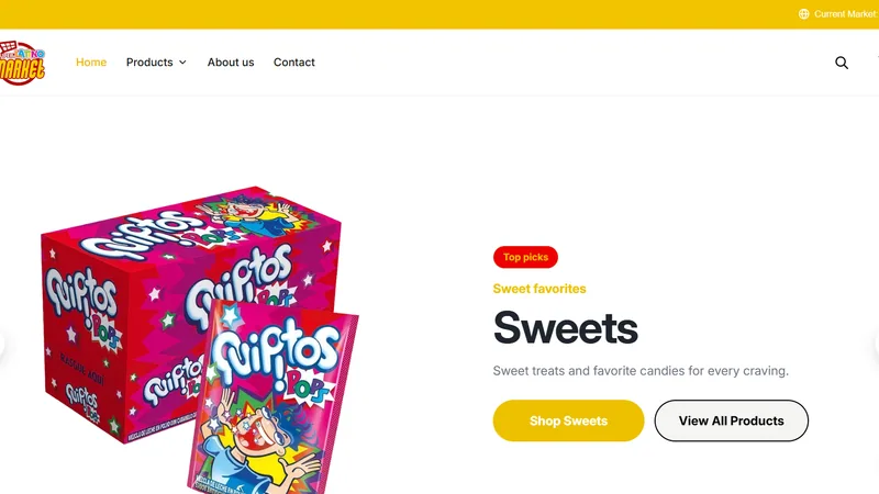 Grocery home page: a carousel of Latin sweets under a Top picks label, with a market selector in the top bar.