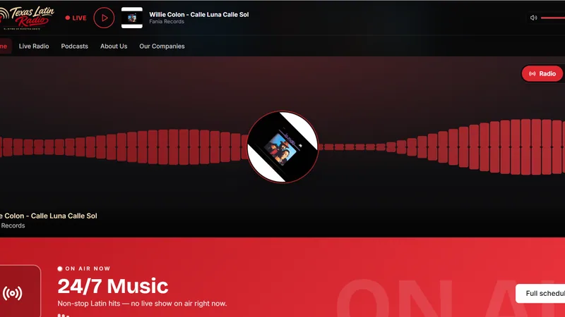 Radio station home page: a live player with an animated waveform and the track currently on air, above a 24/7 music panel and the on-air schedule.