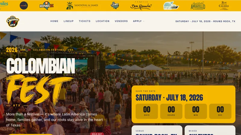 Festival home page: a crowd photograph at golden hour behind the event wordmark, a live countdown to the date, and a sponsor strip running across the top.