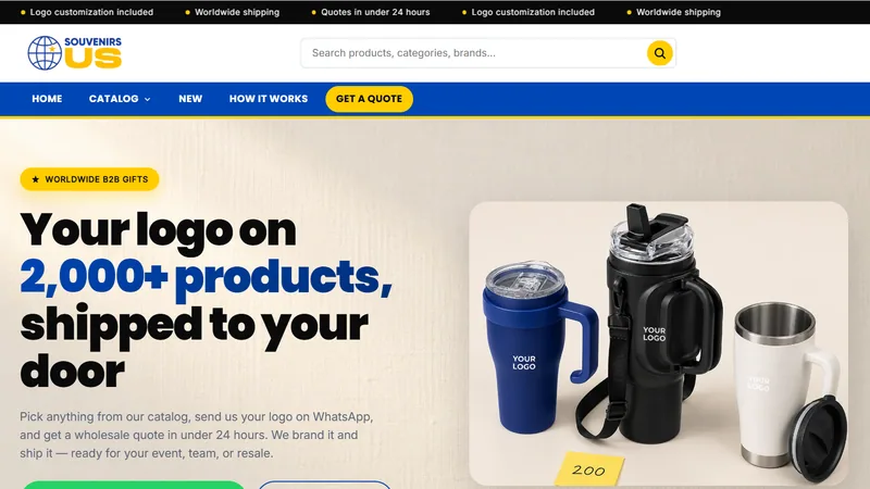 Corporate merch store home page: branded drinkware beside a headline about putting a logo on 2,000+ products, with predictive search and a get-a-quote call to action.