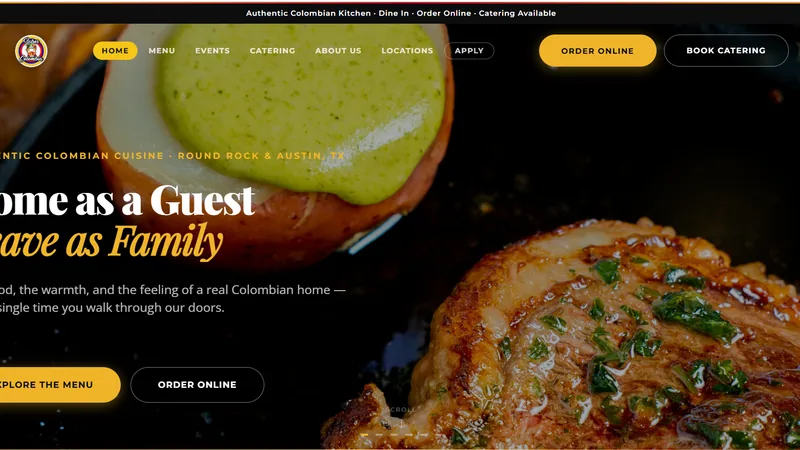 Restaurant home page: a plated dish filling the hero, a headline welcoming guests as family, and buttons to explore the menu or order online.