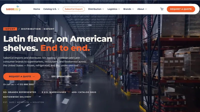 Home page of a Latin food importer: a headline over a warehouse aisle stacked with pallets, a request-a-quote call to action, and figures for brands represented, U.S. warehouses and catalog SKUs.
