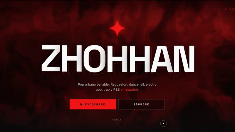 Artist home page: the wordmark over a deep red WebGL background, with a one-line genre description and buttons to listen and follow.